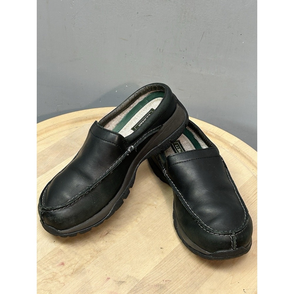 LL Bean Clogs Womens 7 Black Leather Comfort Mules 0DFP3 04 Slip On Rugged